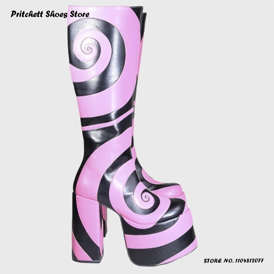 Patchwork Geometric Platform Knee Boots 2025 Spring Autumn Women's Height Increasing Shoes Round Toe Chunky Heel Western Boots