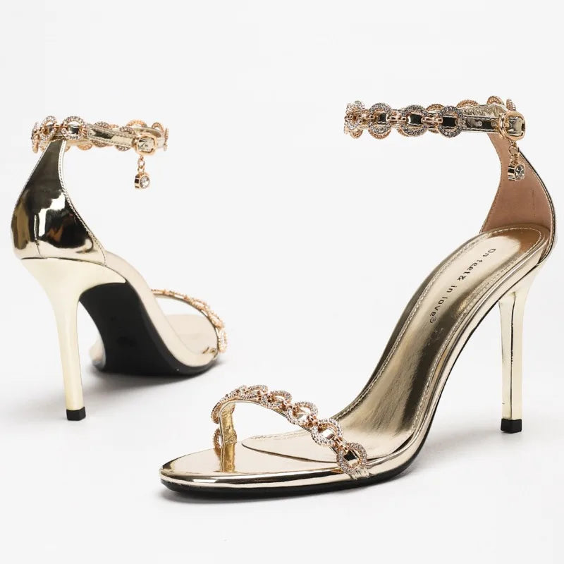 Rhinestone Chain Luxury High Heeled Women Sexy Sandals Female Open Toe Ankle Strap Elegant Banquet Wedding Shoes Women Pumps
