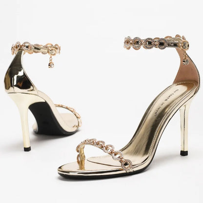 Rhinestone Chain Luxury High Heeled Women Sexy Sandals Female Open Toe Ankle Strap Elegant Banquet Wedding Shoes Women Pumps