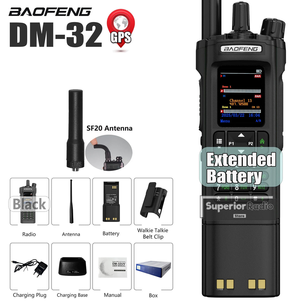 Baofeng DM-32 DMR Digital Walkie Talkie Upgraded Extended Battery High Capacity GPS APRS Dual Mode Analog Dual Time Slot  AM FM