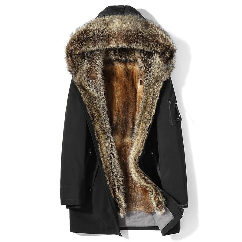 AYUNSUE Fashion Warm Men's Natural Fur Parkas Winter Detachable Mink Fur Liner Jacket for Man Hooded Raccoon Collar Fur Coat