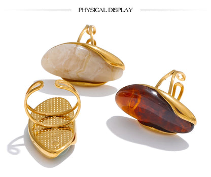 Yhpup New Design Brown Green Beige Resin Geometric Adjustable Ring Golden PVD Stainless Steel Rust Proof Finger Jewelry Gift