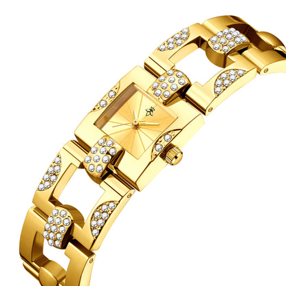 YaLaLuSi Ladies’ Openwork Niche Square Diamond-Set Bracelet Quartz Watch with Geometric Steel Strap – Affordable Luxury