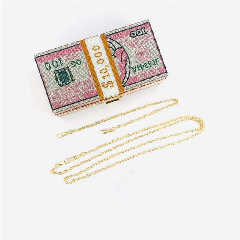 Luxury Money Clutch Rhinestone Purse 10000 Dollars Stack of Cash Evening Handbags Shoulder Wedding Dinner Bag 8 Color Wallet