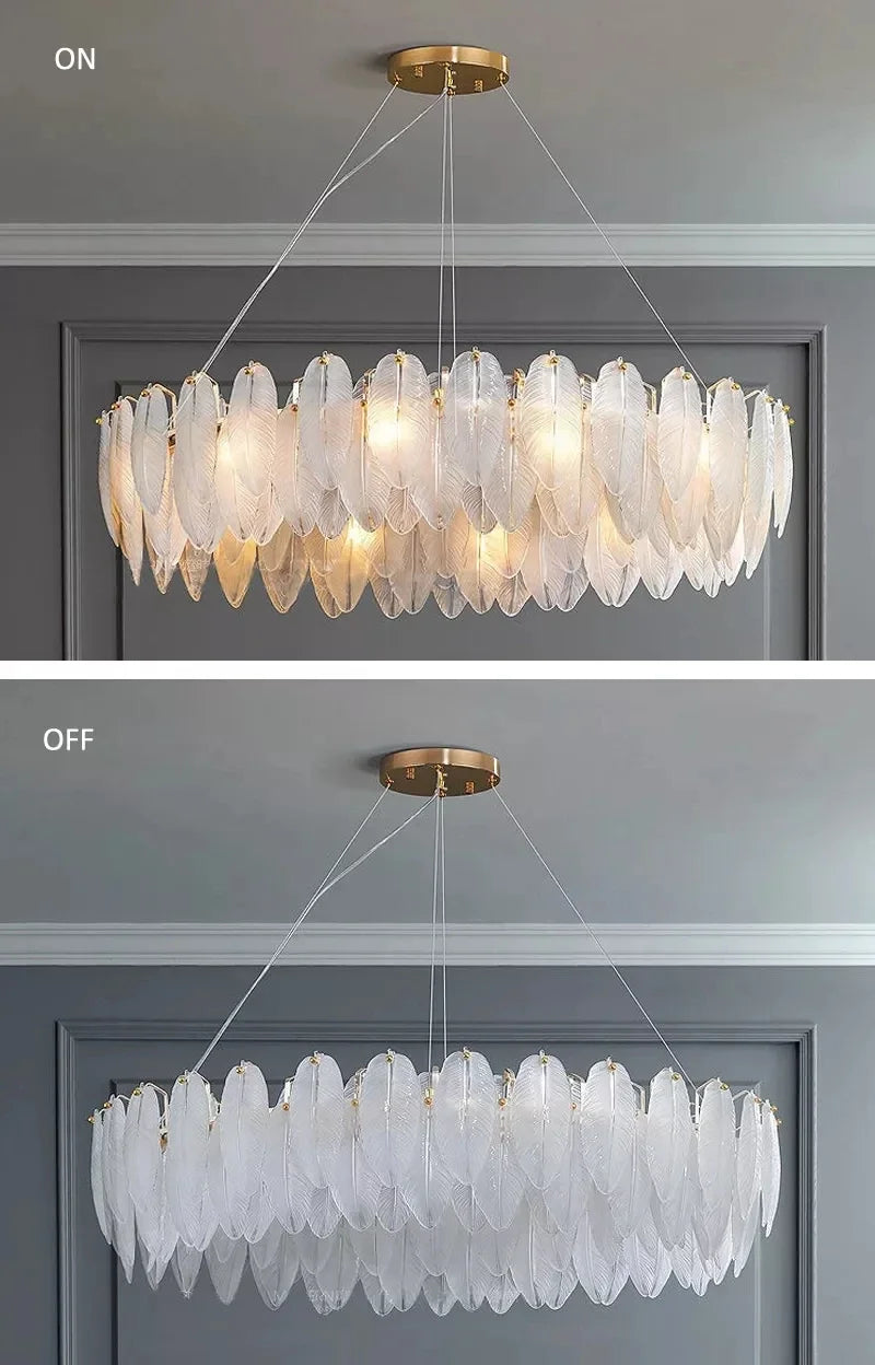 Luxury Villa Led Chandelier Feather Glass Gold Metal for Living Dining Table Room Bedroom Pendant Lights Home Decor Lustre Lamp
