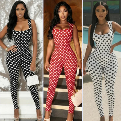 Yomesugar 2026 Summer Women's Polka Dot Printed Backless Jumpsuits Sexy Square Collar Sleeveless Skinny Rompers Party Clubwear