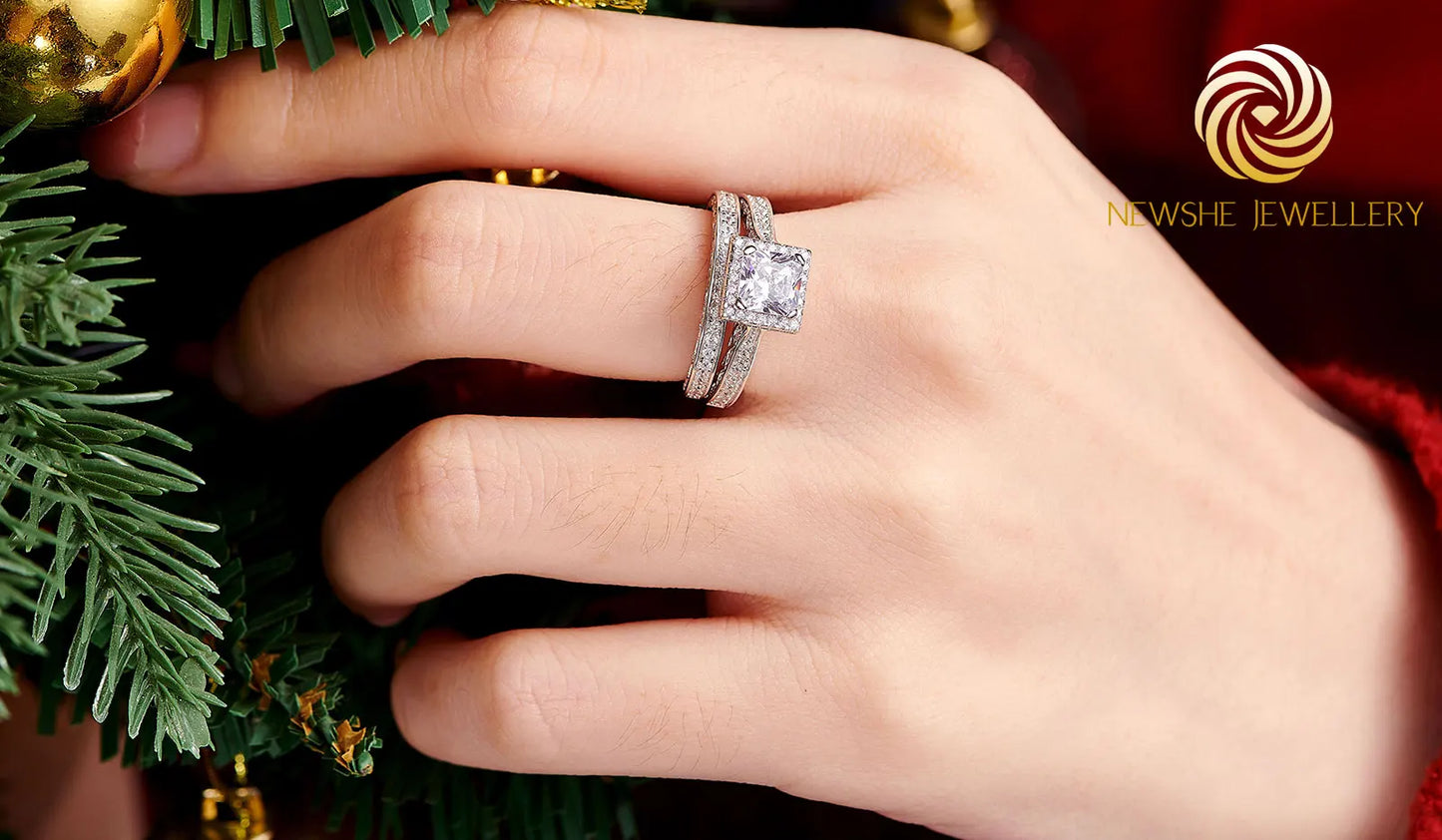 Newshe 2Pcs Genuine 925 Sterling Silver Moissanite /AAAAA Zircons Wedding Ring Set Halo Princess Cut Engagement Rings for Women