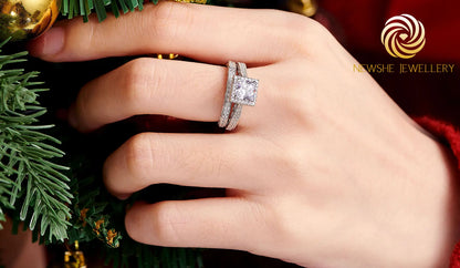 Newshe 2Pcs Genuine 925 Sterling Silver Moissanite /AAAAA Zircons Wedding Ring Set Halo Princess Cut Engagement Rings for Women