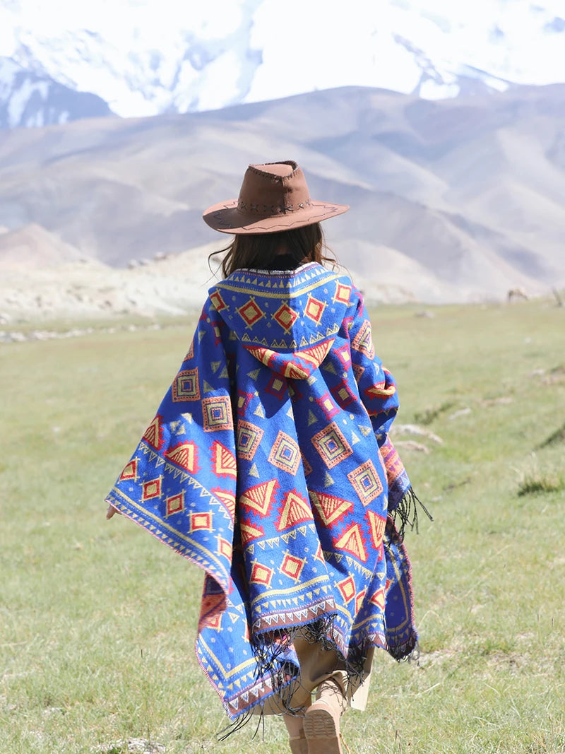 GypsyLady Bohemian Vintage Chic Cloaks Capes Hooded Blue Women Autumn Warm Knitted Ethnic Capes Tassels Cloak Poncho Outwear New
