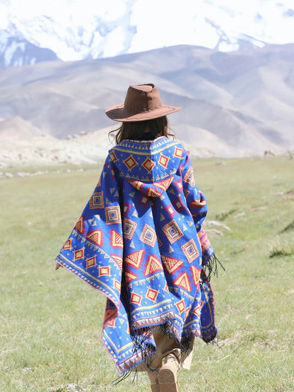 GypsyLady Bohemian Vintage Chic Cloaks Capes Hooded Blue Women Autumn Warm Knitted Ethnic Capes Tassels Cloak Poncho Outwear New
