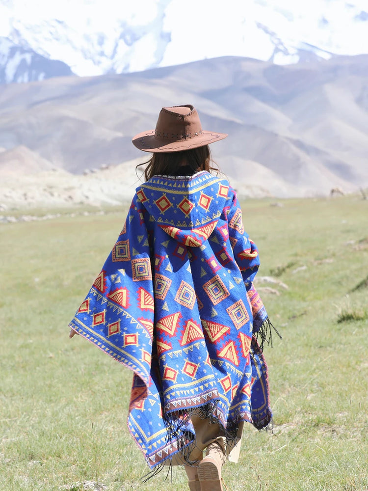 GypsyLady Bohemian Vintage Chic Cloaks Capes Hooded Blue Women Autumn Warm Knitted Ethnic Capes Tassels Cloak Poncho Outwear New