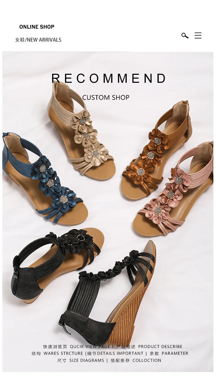 High quality leather flat sandals for women 5cm mid heel flower summer 2026 36 42 open toe casual beach shoe blue pink brown
