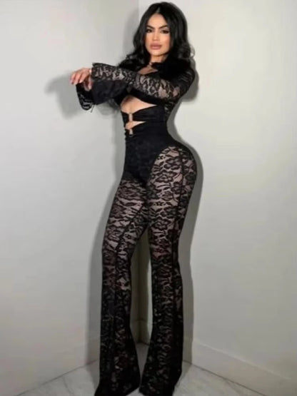 See Through Jumpsuits Woman Metal Rings Patchwork Hollow Design Sexy Full Sleeve Midnight Club Party Wild Style Overalls