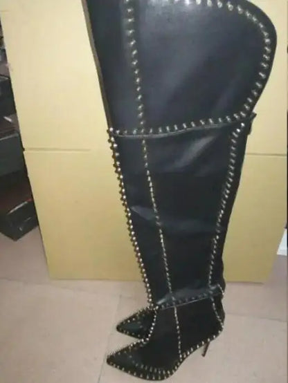 Sexy Green Blue Suede Gold Studs Women Over The Knee Boots Ladies High Heel Thick Slip On Point Toe Rivets Motorcycle Botas