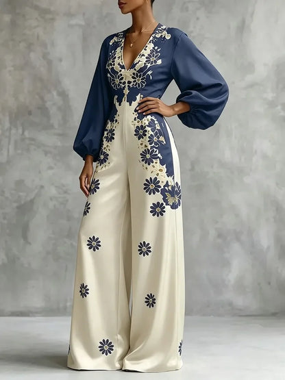 UOOZEE 2026 New Vintage Floral Printed Wide Leg Jumpsuits for Women Loose V-Neck Puff Sleeves Elegant Party Casual Overalls