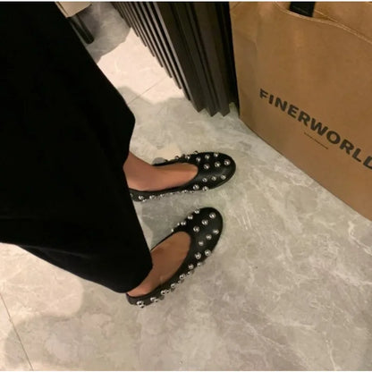 New Rivet Round Head Flat Shoes Luxury Black Leather Sandal Ballet Sandals Silver Ball Metal Hollow Mary Jane Shoes 35-42