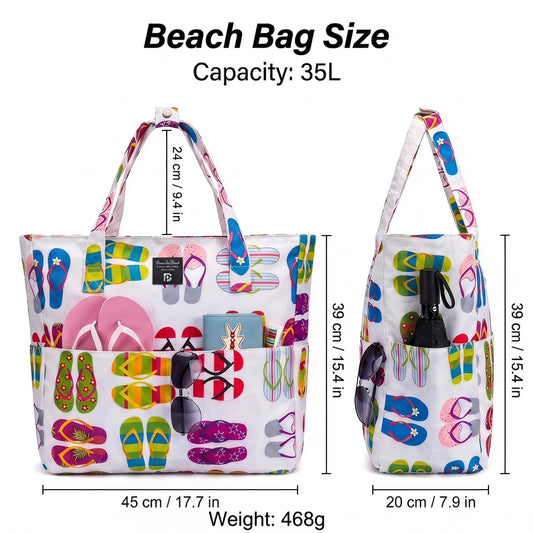 9 Pockets Large Beach Tote 35L Waterproof Sandproof Polyester Bag Women Summer Pool Travel Handbag Portable Swim Shoulder Bag
