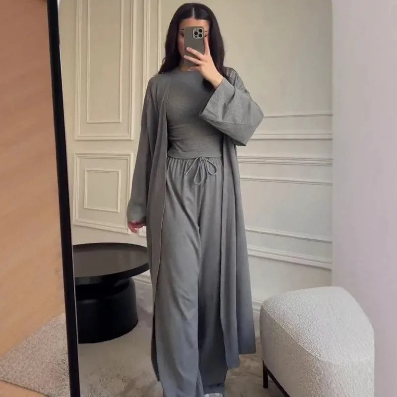 Women Cardigan Vest Wide Leg Pants 3 Piece Sets Top Long Coat Trousers Suit Office Lady Ensemble Spring Summer 2026 Outfits