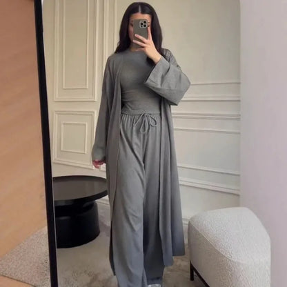 Women Cardigan Vest Wide Leg Pants 3 Piece Sets Top Long Coat Trousers Suit Office Lady Ensemble Spring Summer 2026 Outfits
