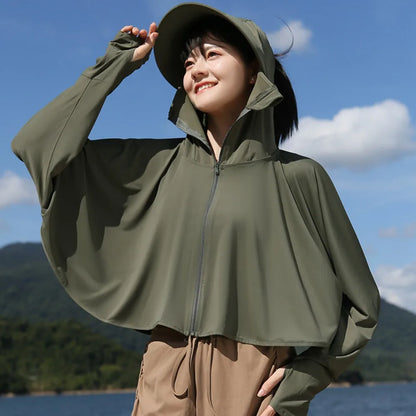Solid Color Sunscreen Hoodie Long Sleeve Large Brim Hat Summer Sunscreen Shawl Thin Arm Sleeves Ice Silk Short Jacket Running