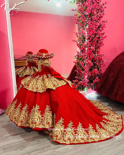 Red Flower Girl Dress Velvet Gold Lace Embroidery Floor Length Gown Wedding Pageant Cultural Formal Gowns Customized