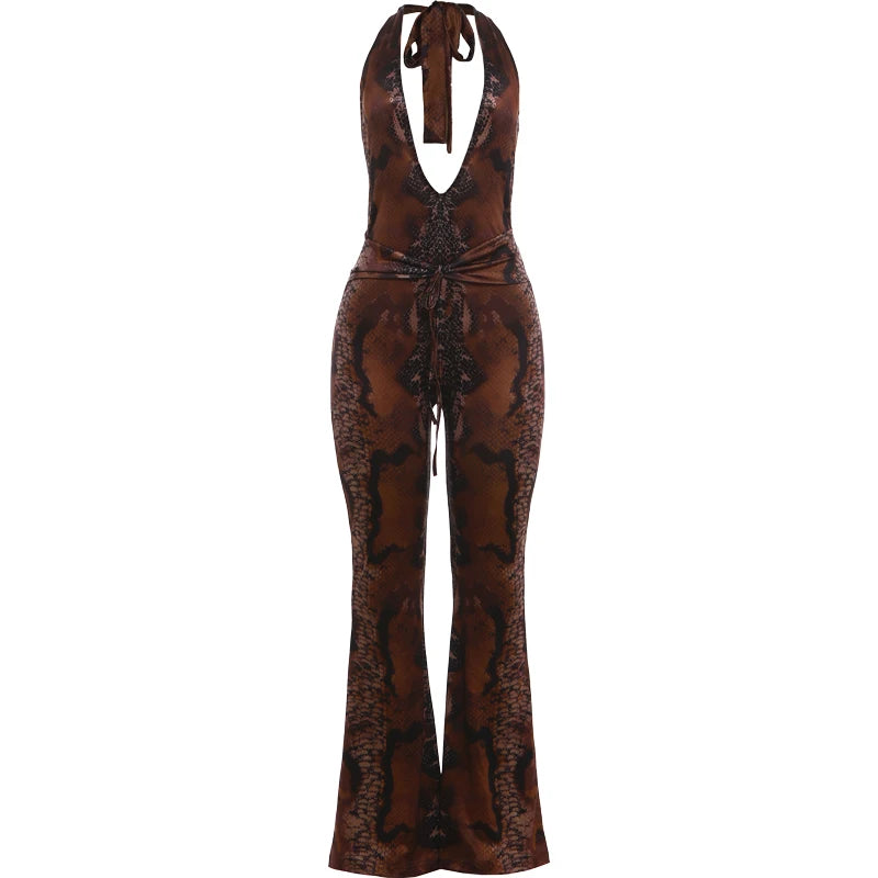 Sisterlinda Sexy Backless Jumpsuits Woman Leopard Print Bandage Halter Deep V-Neck Sleeveless Skinny Peach Hip Fashion Overalls