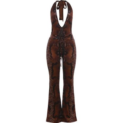 Sisterlinda Sexy Backless Jumpsuits Woman Leopard Print Bandage Halter Deep V-Neck Sleeveless Skinny Peach Hip Fashion Overalls