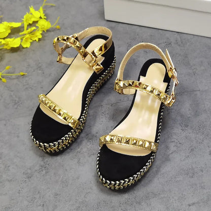 Rivet Platform Women Sandals Chunky Thick High Heels 5CM Waterproof Open Round Toe Golden Patchwork Summer Luxury Fashion Style