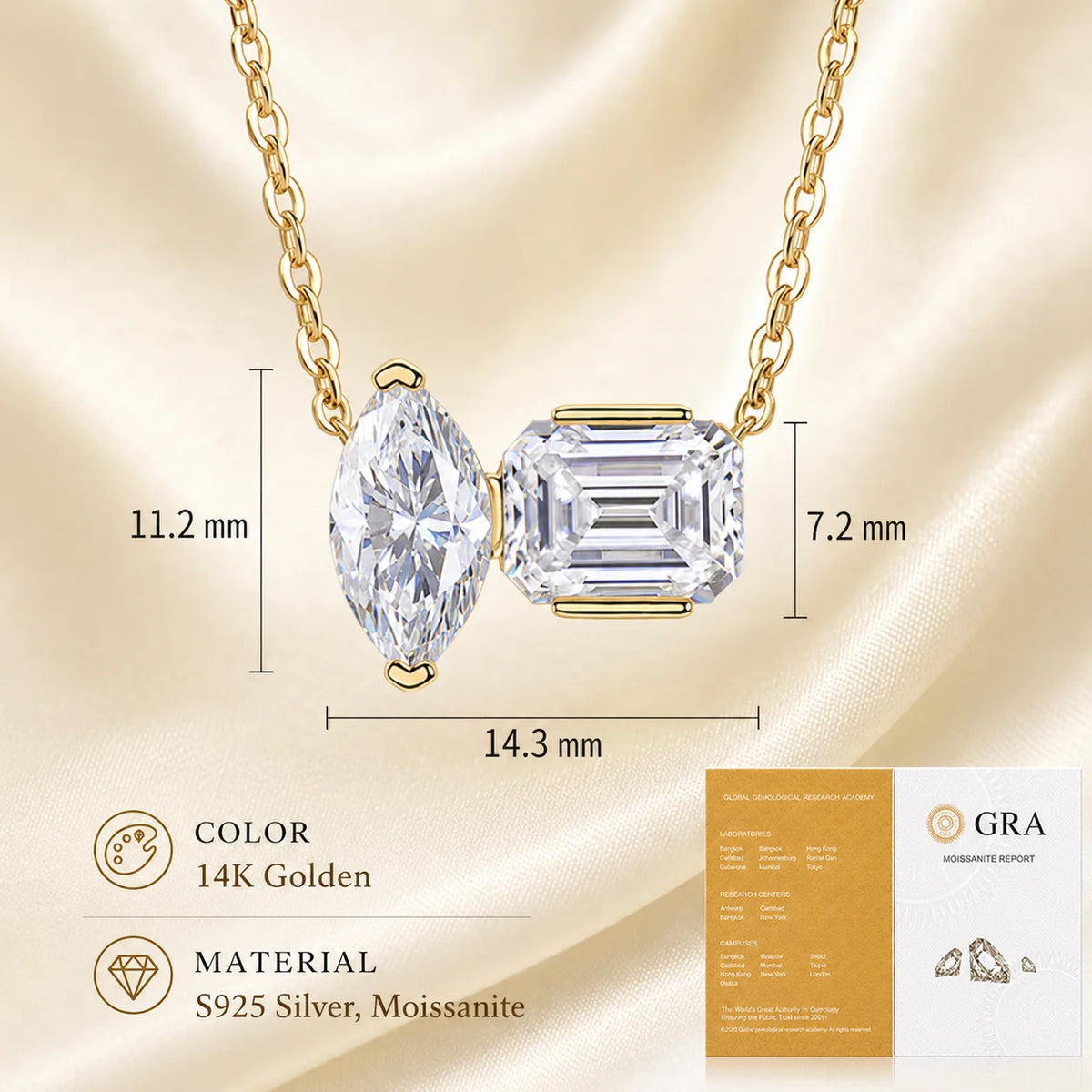 Moissanite Toi et Moi Necklace for Women S925 Sterling Silver 18K Yellow Gold Plated Marquise Emerald Cut Two Stone D Color VVS1
