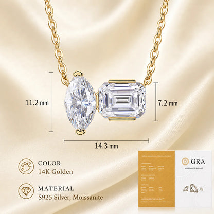 Moissanite Toi et Moi Necklace for Women S925 Sterling Silver 18K Yellow Gold Plated Marquise Emerald Cut Two Stone D Color VVS1