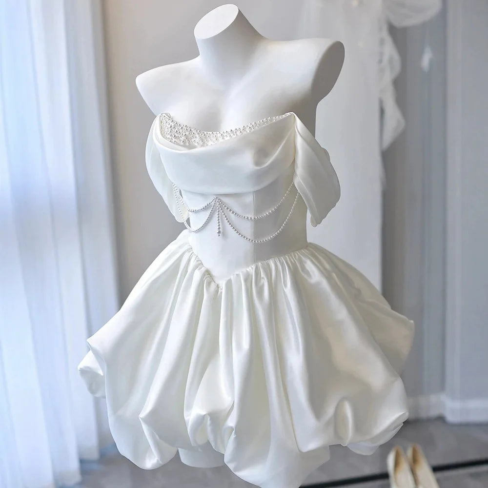 Korea Mini Short Wedding Party Dresses Wedding Photoshoot Strapless Beaded Taffeta Bolero Bride Gowns Corset Back Customized