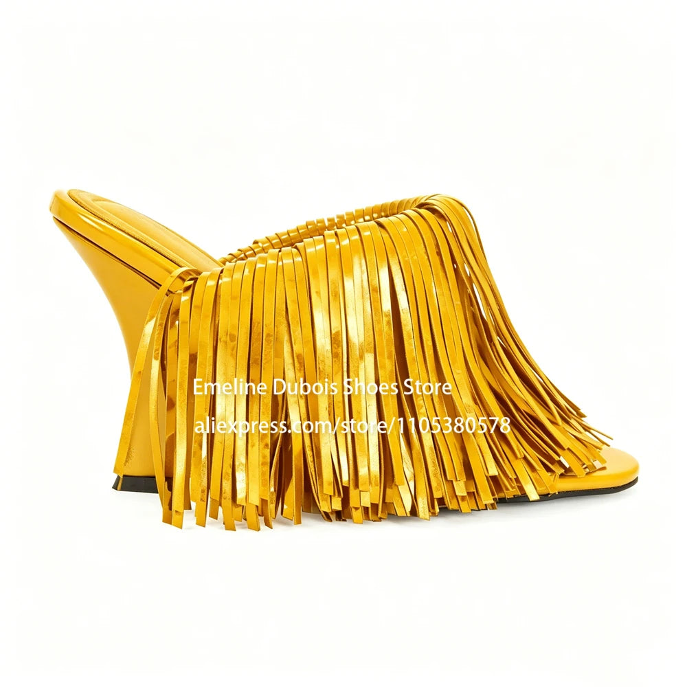 Blue Patent Leather Fringe Wedge Heel Mules Open Peep Toe Slip On Irregular Heel Sandals Nightclub Party Runway Shoes for Women