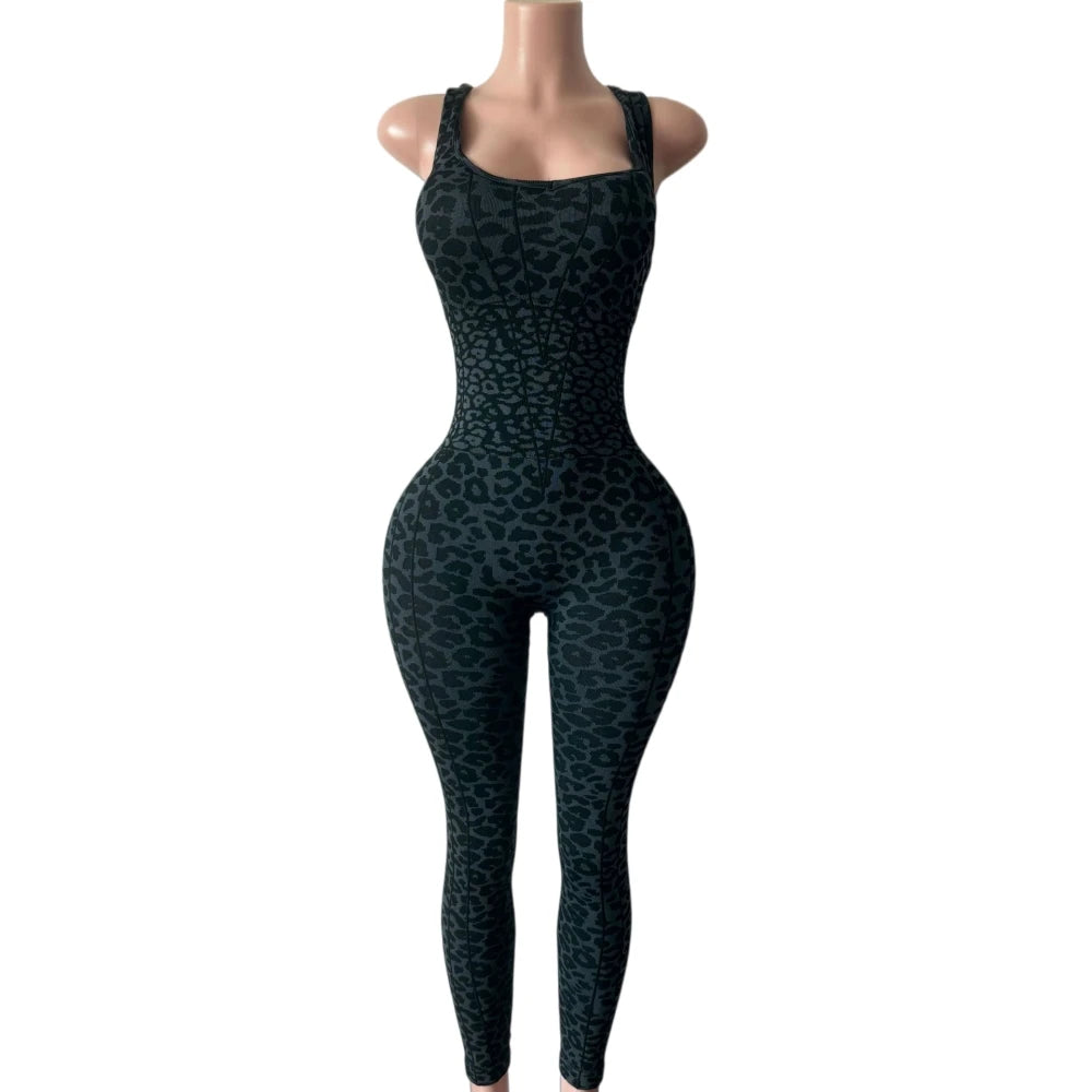 FAGADOER Y2K Sexy Leopard Print Bodycon Jumpsuit Women Halter Sleeveless Deep V Backless Long Romper Streetwear Club Night Party