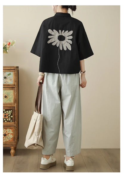 High-End Korean Japanese Artistic ort Sve Cotton Linen Embroidered irt Summer Wear Pear ape Fitting Women's Top