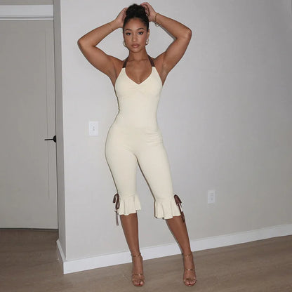 Summer Lace Up Halter Bow Y2K Jumpsuit Women Sexy V Neck Backless Bandage Skinny Party Club Rompers Beach Holiday Overall Outfit