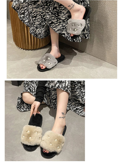Perle Fluffy Slippers Home Winter Casual Designer Shoes Women 2025 New Luxury Indoor Plush Slides Girls Fashion Elegant Footwear