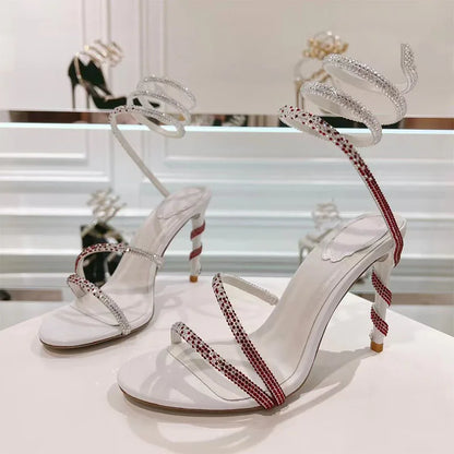 Luxury High Heels Sandals Woman Rhinestone Snake Twine Around Ankle Strap Wedding Shoes Stiletto Summer Gladiator Sandals Women