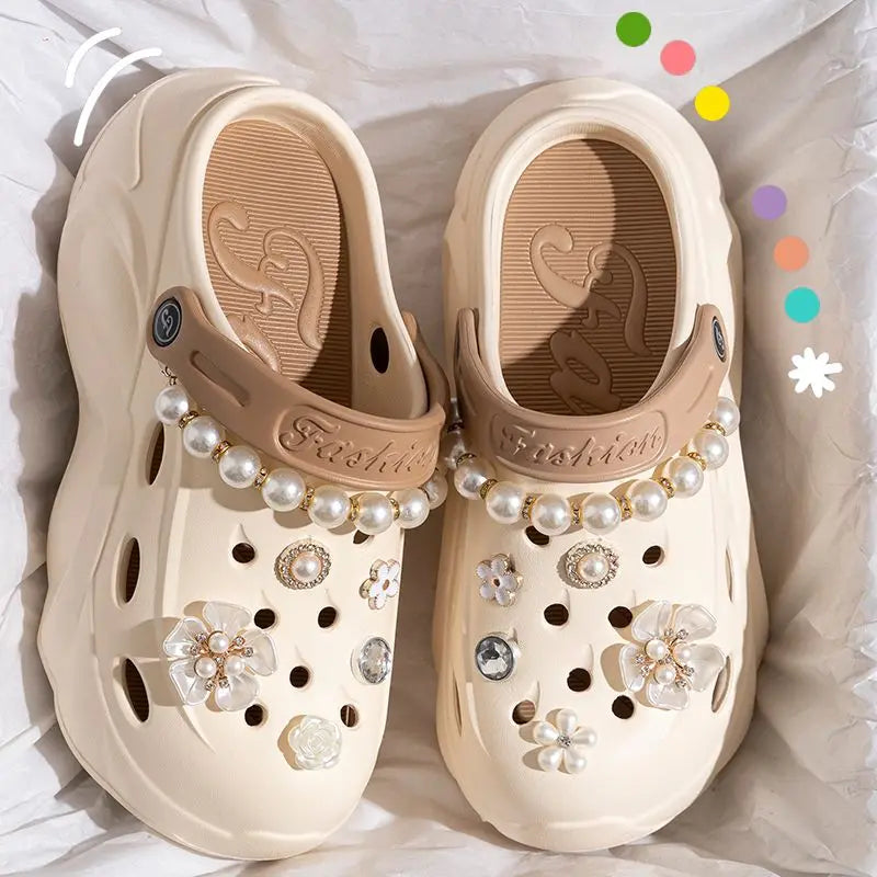 Luxury DIY Pearl Chain Non Slip Clogs Women Summer 2026 Comfort Platform Slip On Sandals EVA Thick Bottom Outdoor Slippers Shoes