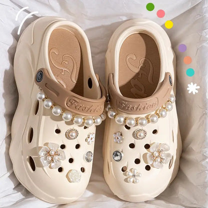 Luxury DIY Pearl Chain Non Slip Clogs Women Summer 2026 Comfort Platform Slip On Sandals EVA Thick Bottom Outdoor Slippers Shoes