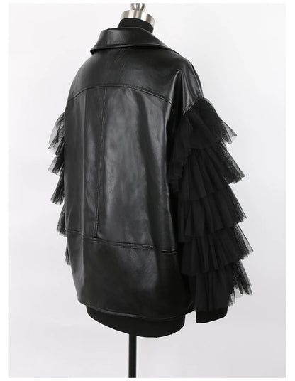 Nerazzurri Spring Autumn Loose Black Faux Leather Jacket Women with Lace Long Sleeves Zipper Belt Luxury Elegant Fashion 2022