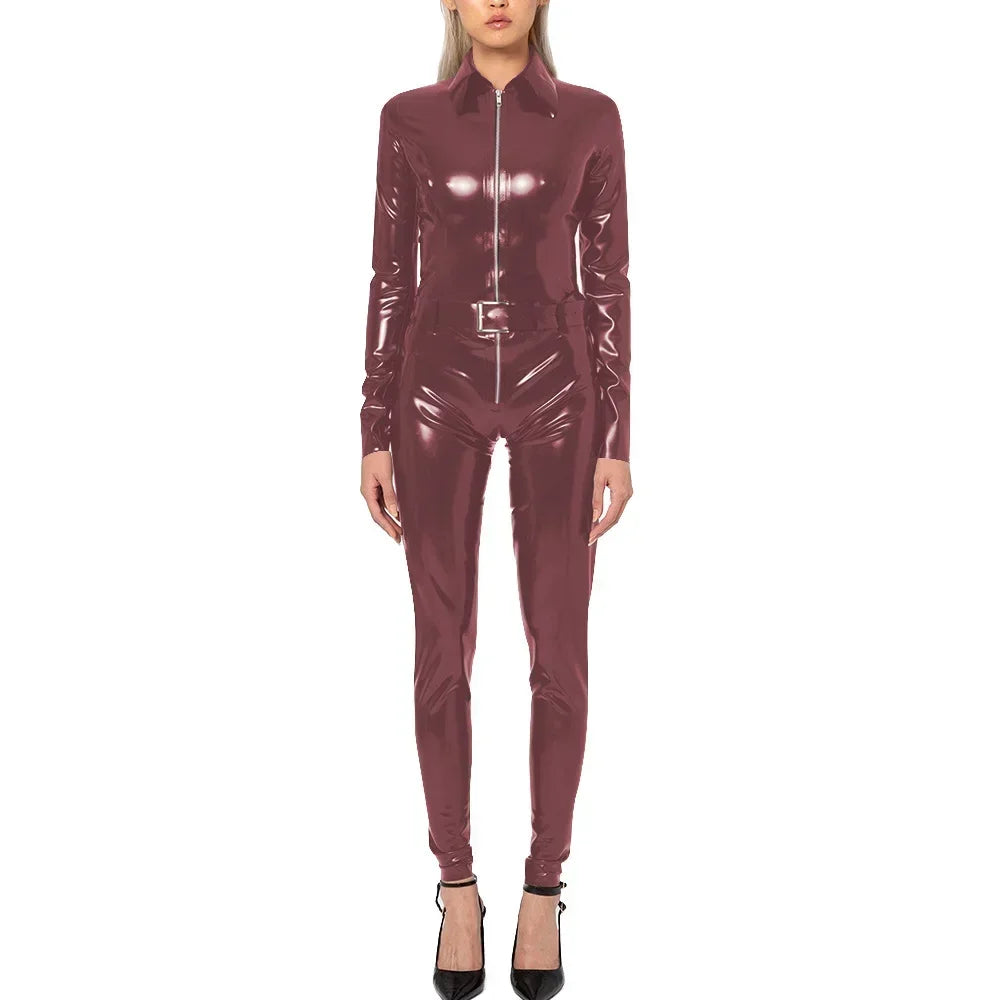 Plus Size Faux Latex Catsuit Elastic PVC Leather Zipper Long Sleeve Jumpsuit Tight Sexy Cosplay Rompers Ankle-length Club Zentai