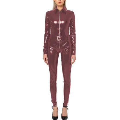 Plus Size Faux Latex Catsuit Elastic PVC Leather Zipper Long Sleeve Jumpsuit Tight Sexy Cosplay Rompers Ankle-length Club Zentai