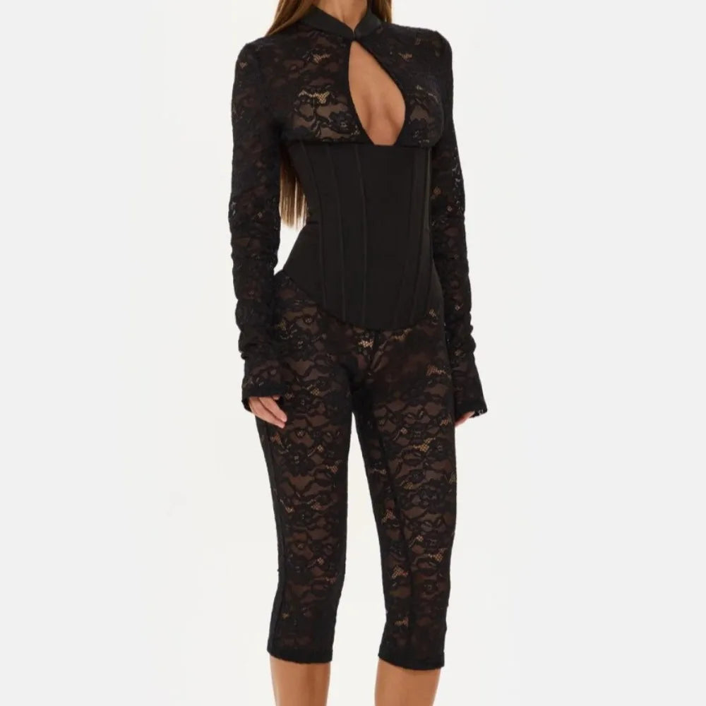FAGADOER Sexy Lace See Through Corset Jumpsuit Women Hollowed-out Long Sleeve Bodycon Capri Pants Clubwear Night Party Outfit