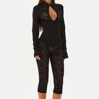 FAGADOER Sexy Lace See Through Corset Jumpsuit Women Hollowed-out Long Sleeve Bodycon Capri Pants Clubwear Night Party Outfit
