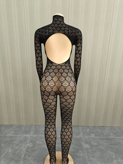 FAGADOER Sexy Hollow Out Patchwork Bodycon Jumpsuits Women Lace See Through Long Sleeve Backless Rompers Female Party Clubwear