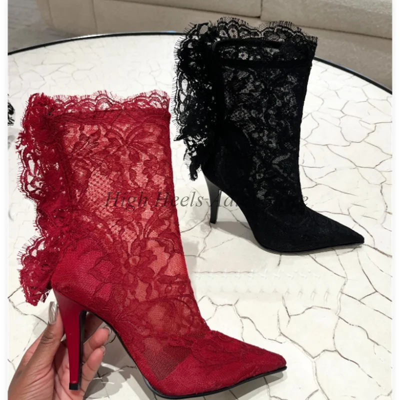 Sexy Black/Red Lace Embroidered Ankle Boots 2025 New in Women's High Heels Pointed Toe Wedding Boots Luxury Designer Party Shoes
