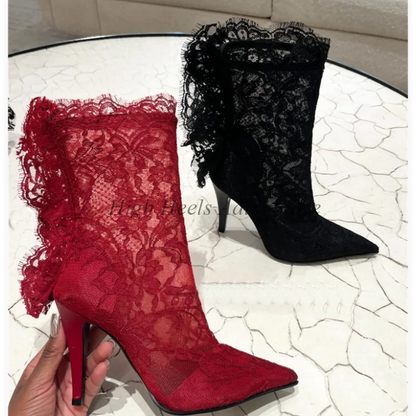 Sexy Black/Red Lace Embroidered Ankle Boots 2025 New in Women's High Heels Pointed Toe Wedding Boots Luxury Designer Party Shoes