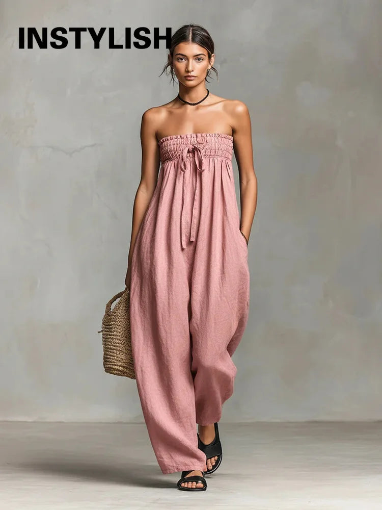 Women Strapless Wide Leg Jumpsuit Casual Cotton Linen Tube Top Romper Summer Beach Long Pants with Pockets Vacation Overalls