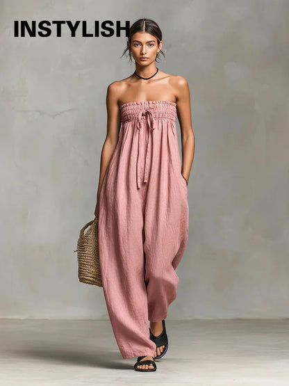 Women Strapless Wide Leg Jumpsuit Casual Cotton Linen Tube Top Romper Summer Beach Long Pants with Pockets Vacation Overalls