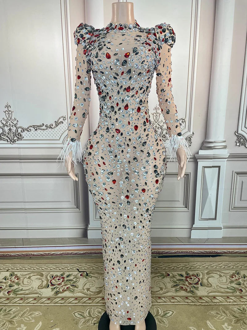 Long-Sleeved Sparkling Rhinestone Long Dress Celebrates Birthday Luxurious Party Dress Wedding Dress Formal Party Dress